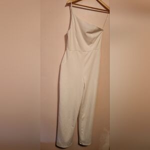 Crystal Sky White One Shoulder Jumpsuit Wide Leg Minimalist Bridal Shower L